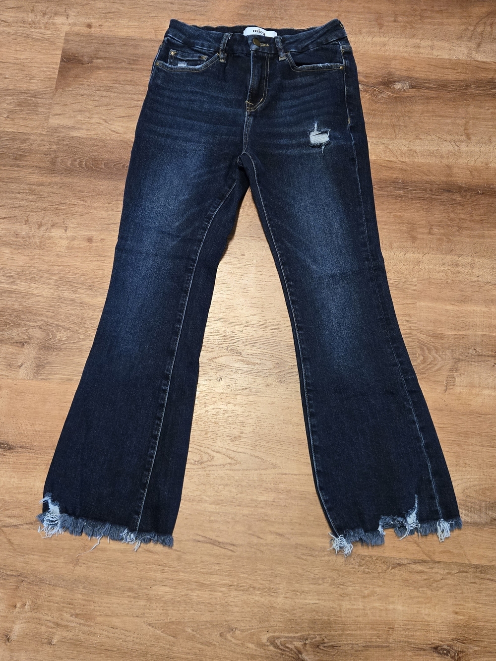 Mica Dark Blue High-Rise Flare Jeans with Frayed Hem Size 26